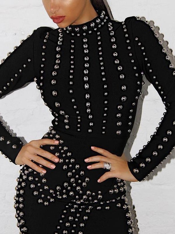 Beaded Long Sleeve Bodycon Dress Women Pearls Beading Black Winter Dress Sexy Night Club Party Dresses Short Pencil Vestidos - Takalr