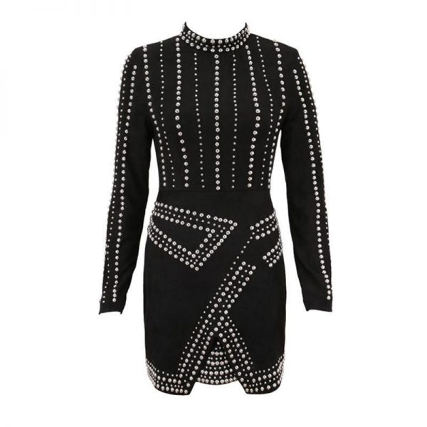 Beaded Long Sleeve Bodycon Dress Women Pearls Beading Black Winter Dress Sexy Night Club Party Dresses Short Pencil Vestidos - Takalr