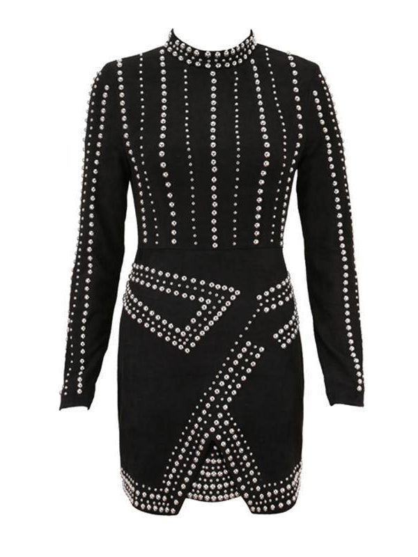 Beaded Long Sleeve Bodycon Dress Women Pearls Beading Black Winter Dress Sexy Night Club Party Dresses Short Pencil Vestidos - Takalr