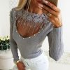 Beading lace applique embellished v-cut top Sexy mesh sheer pearls blouse Autumn fashion grey tops femme long sleeve shirt women - Takalr