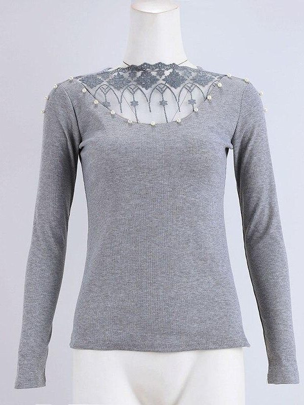 Beading lace applique embellished v-cut top Sexy mesh sheer pearls blouse Autumn fashion grey tops femme long sleeve shirt women - Takalr