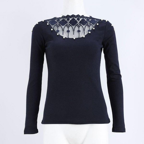 Beading lace applique embellished v-cut top Sexy mesh sheer pearls blouse Autumn fashion grey tops femme long sleeve shirt women - Takalr