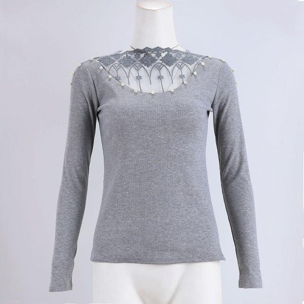 Beading lace applique embellished v-cut top Sexy mesh sheer pearls blouse Autumn fashion grey tops femme long sleeve shirt women - Takalr