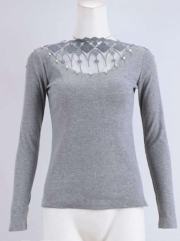 Beading lace applique embellished v-cut top Sexy mesh sheer pearls blouse Autumn fashion grey tops femme long sleeve shirt women - Takalr