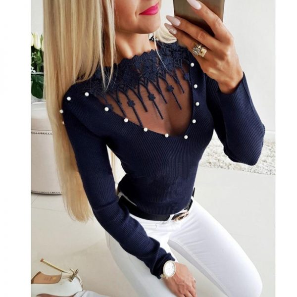 Beading lace applique embellished v-cut top Sexy mesh sheer pearls blouse Autumn fashion grey tops femme long sleeve shirt women - Takalr