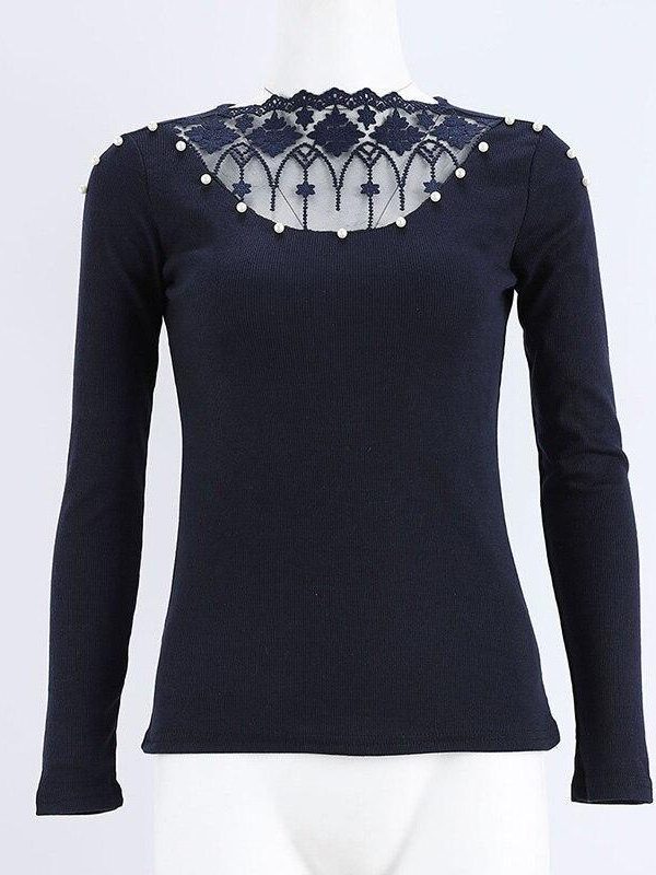 Beading lace applique embellished v-cut top Sexy mesh sheer pearls blouse Autumn fashion grey tops femme long sleeve shirt women - Takalr