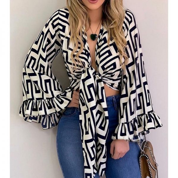 Bell sleeve v neck wrap blouse women Long sleeve front bow tied beach tops shirt Summer Retro print short blusas femme - Takalr