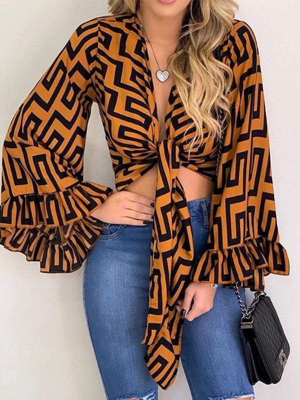 Bell sleeve v neck wrap blouse women Long sleeve front bow tied beach tops shirt Summer Retro print short blusas femme - Takalr