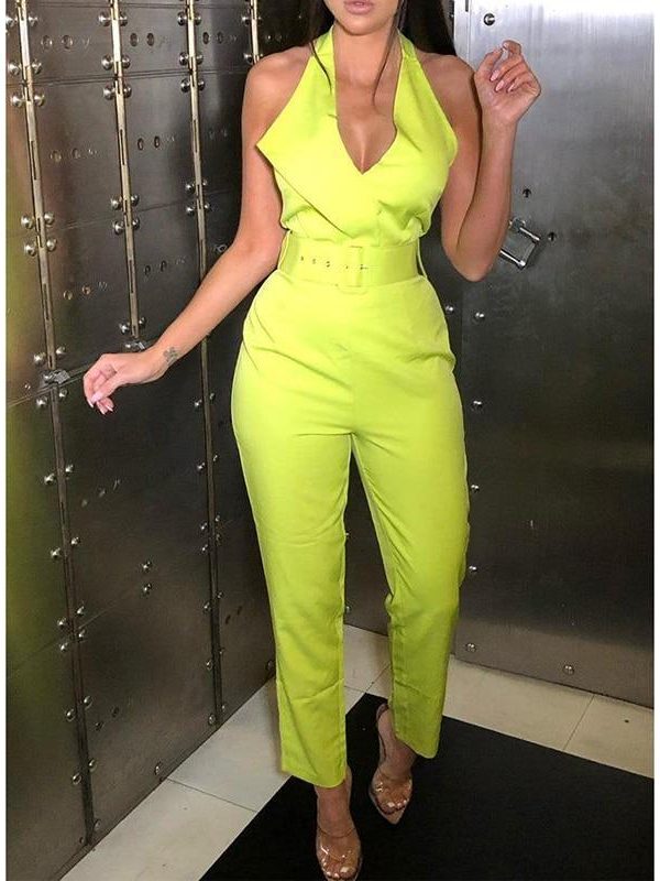 Belted halter jumpsuit for women Sleeveless high waist pants long jumpsuits v neck rompers bodysuit womens overalls - Takalr