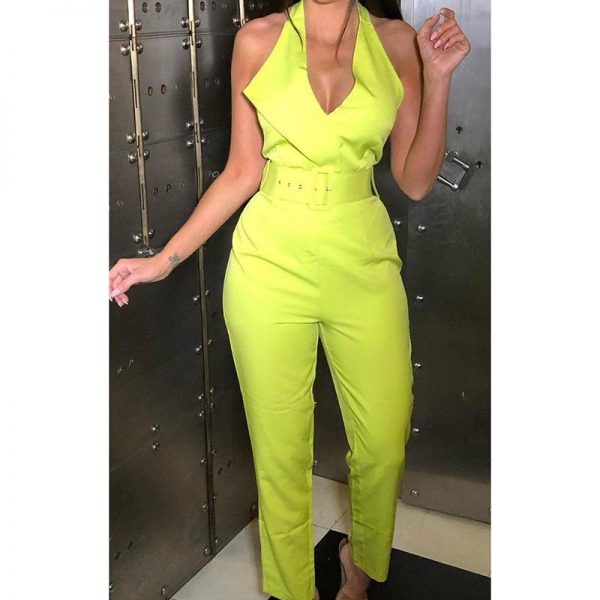 Belted halter jumpsuit for women Sleeveless high waist pants long jumpsuits v neck rompers bodysuit womens overalls - Takalr