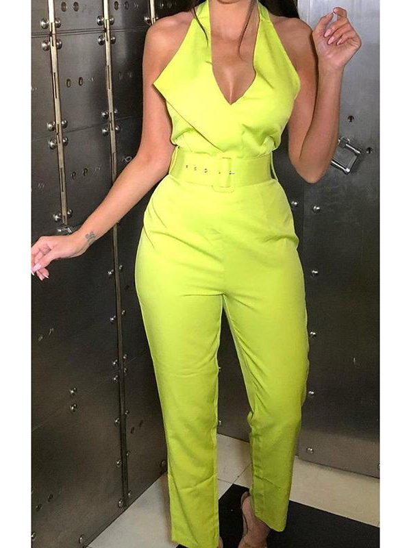 Belted halter jumpsuit for women Sleeveless high waist pants long jumpsuits v neck rompers bodysuit womens overalls - Takalr