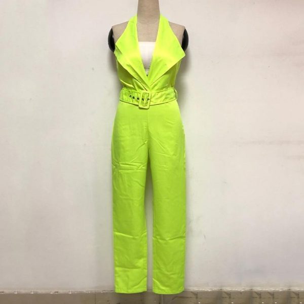 Belted halter jumpsuit for women Sleeveless high waist pants long jumpsuits v neck rompers bodysuit womens overalls - Takalr