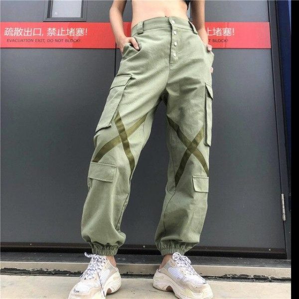 Big Pockets Hip Pop Streetwear Ribbon Cross Ladies Cargo Pants Women Casual Joggers High Waist Loose Female Buttons Trousers - Takalr