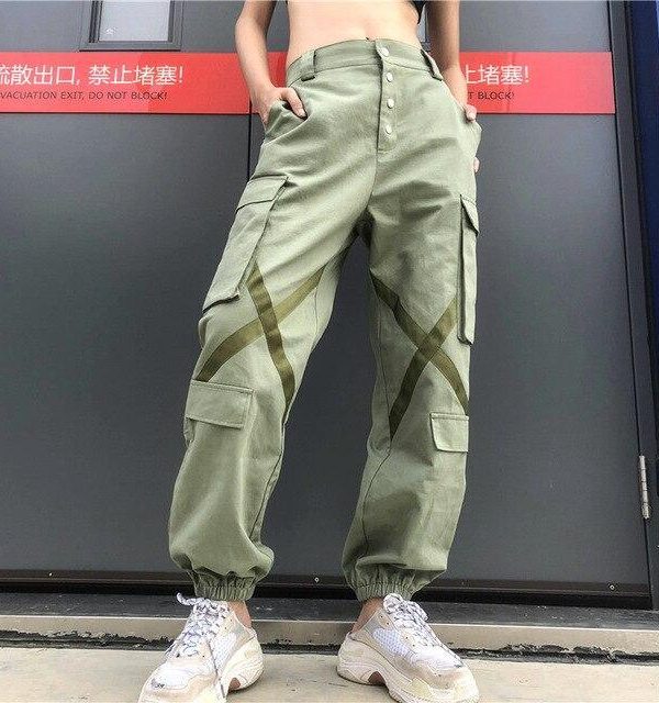 Big Pockets Hip Pop Streetwear Ribbon Cross Ladies Cargo Pants Women Casual Joggers High Waist Loose Female Buttons Trousers - Takalr