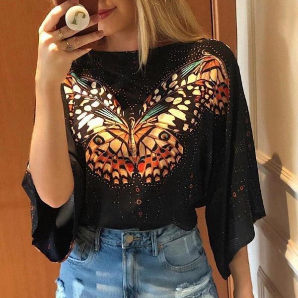 Big butterfly black blouse women 3/4 Sleeve summer tops womens blouse Casual loose streetwear Fashion blusas femme - Takalr