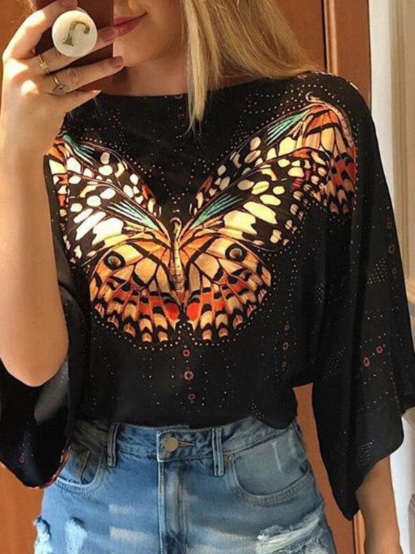 Big butterfly black blouse women 3/4 Sleeve summer tops womens blouse Casual loose streetwear Fashion blusas femme - Takalr