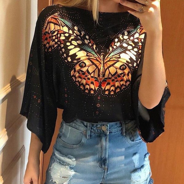 Big butterfly black blouse women 3/4 Sleeve summer tops womens blouse Casual loose streetwear Fashion blusas femme - Takalr