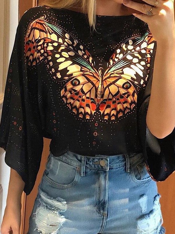 Big butterfly black blouse women 3/4 Sleeve summer tops womens blouse Casual loose streetwear Fashion blusas femme - Takalr