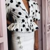 Big polka dots blouse shirt women Short sleeve v neck white blouse Summer  elegant peplum tops Turn down dot blusas femme - Takalr