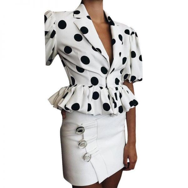 Big polka dots blouse shirt women Short sleeve v neck white blouse Summer  elegant peplum tops Turn down dot blusas femme - Takalr