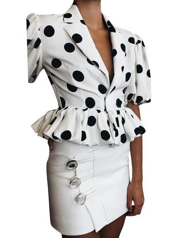 Big polka dots blouse shirt women Short sleeve v neck white blouse Summer  elegant peplum tops Turn down dot blusas femme - Takalr