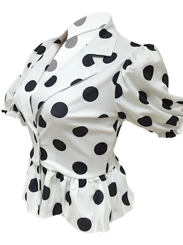 Big polka dots blouse shirt women Short sleeve v neck white blouse Summer  elegant peplum tops Turn down dot blusas femme - Takalr