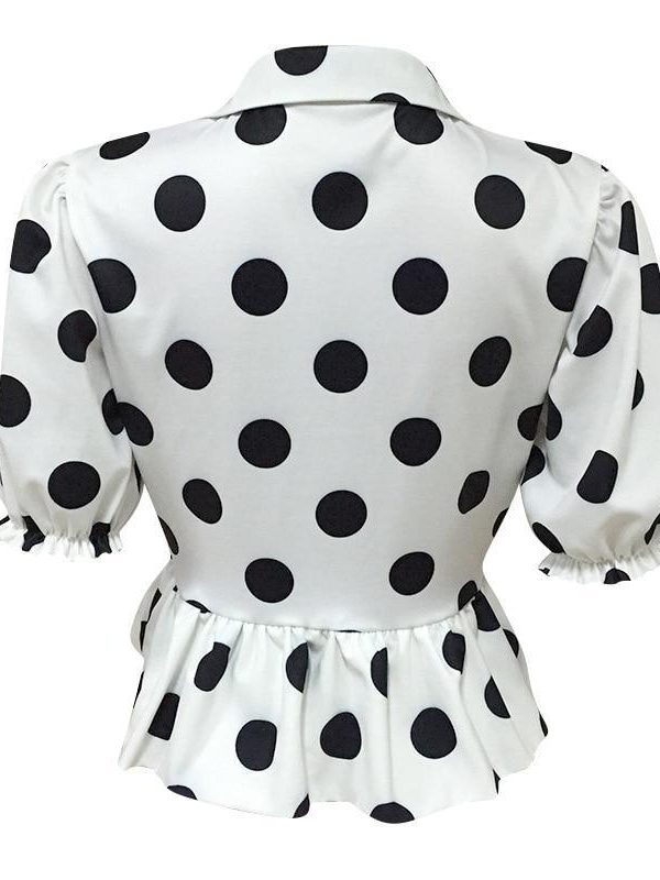 Big polka dots blouse shirt women Short sleeve v neck white blouse Summer  elegant peplum tops Turn down dot blusas femme - Takalr