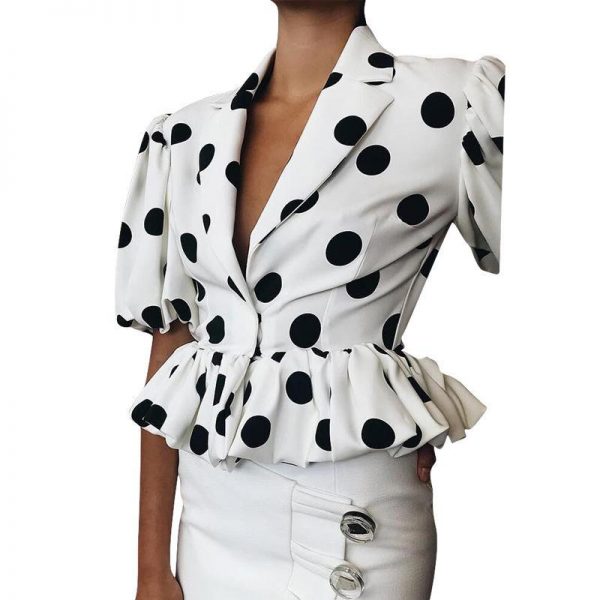 Big polka dots blouse shirt women Short sleeve v neck white blouse Summer  elegant peplum tops Turn down dot blusas femme - Takalr