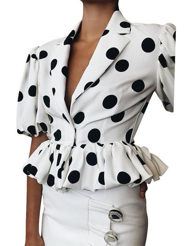 Big polka dots blouse shirt women Short sleeve v neck white blouse Summer  elegant peplum tops Turn down dot blusas femme - Takalr