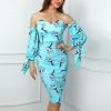 Bird print tied cuff dress Women off shoulder slim fit knee bodycon dress Elegant ladies party dresses tight vestidos mujer - Takalr