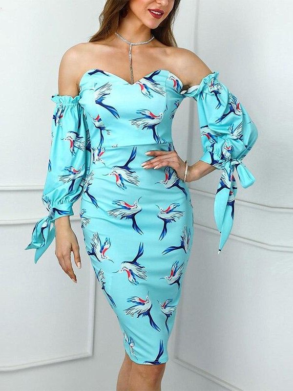 Bird print tied cuff dress Women off shoulder slim fit knee bodycon dress Elegant ladies party dresses tight vestidos mujer - Takalr