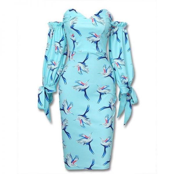 Bird print tied cuff dress Women off shoulder slim fit knee bodycon dress Elegant ladies party dresses tight vestidos mujer - Takalr