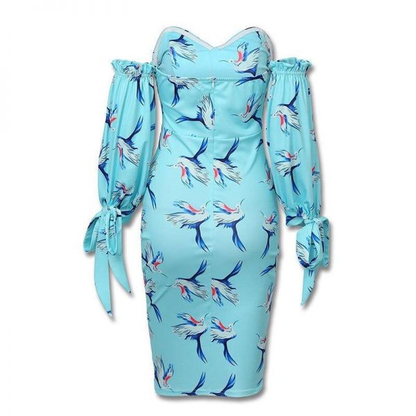 Bird print tied cuff dress Women off shoulder slim fit knee bodycon dress Elegant ladies party dresses tight vestidos mujer - Takalr