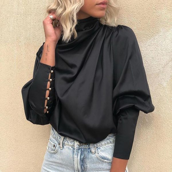 Black Lace-Up Cuff Drape Shirt Long Sleeve T Shirt Women Solid Elegant Office Ladies Casual Blusas Mujer Workwear - Takalr