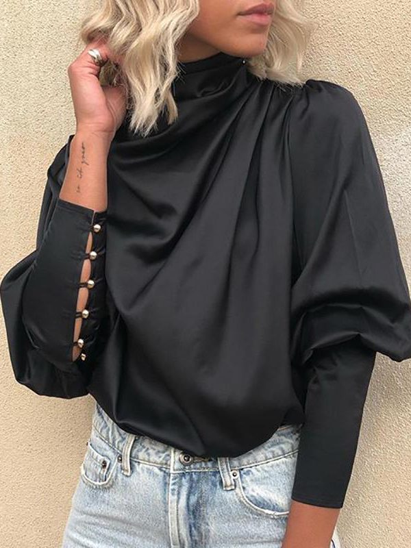 Black Lace-Up Cuff Drape Shirt Long Sleeve T Shirt Women Solid Elegant Office Ladies Casual Blusas Mujer Workwear - Takalr