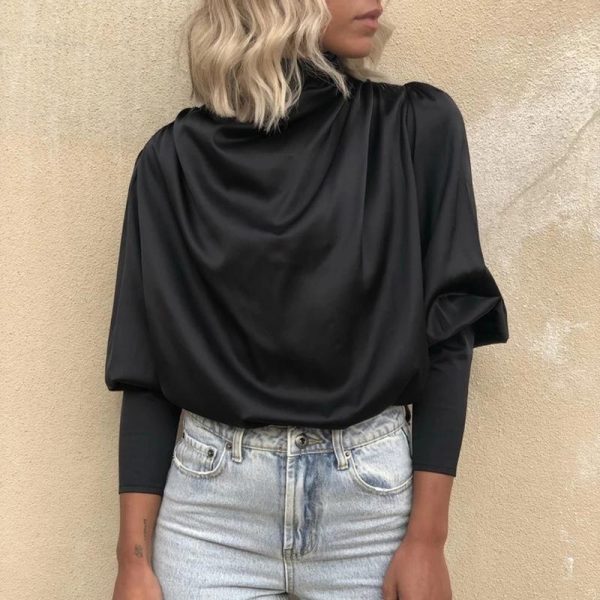 Black Lace-Up Cuff Drape Shirt Long Sleeve T Shirt Women Solid Elegant Office Ladies Casual Blusas Mujer Workwear - Takalr