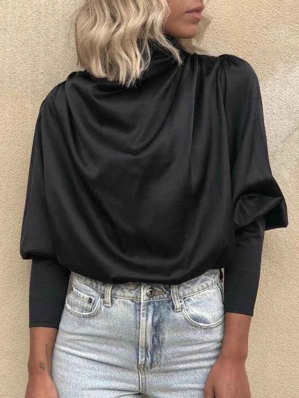 Black Lace-Up Cuff Drape Shirt Long Sleeve T Shirt Women Solid Elegant Office Ladies Casual Blusas Mujer Workwear - Takalr