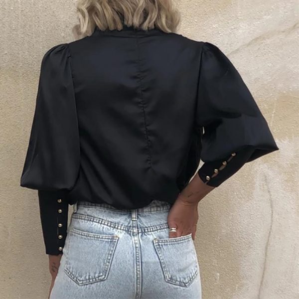 Black Lace-Up Cuff Drape Shirt Long Sleeve T Shirt Women Solid Elegant Office Ladies Casual Blusas Mujer Workwear - Takalr