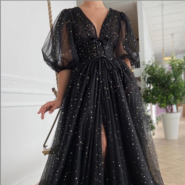 Black Mesh Starry Tulle Elegant Dresses Women Sparkly V-Neck Puff Sleeves Wedding Party Button Lace Up Split Gowns Club Dress - Takalr