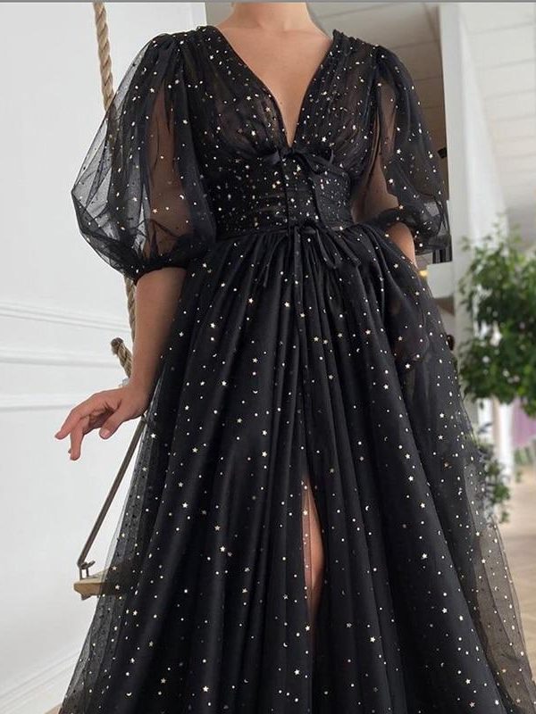 Black Mesh Starry Tulle Elegant Dresses Women Sparkly V-Neck Puff Sleeves Wedding Party Button Lace Up Split Gowns Club Dress - Takalr