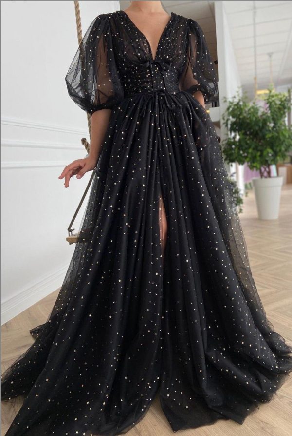 Black Mesh Starry Tulle Elegant Dresses Women Sparkly V-Neck Puff Sleeves Wedding Party Button Lace Up Split Gowns Club Dress - Takalr