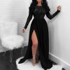 Black Sequined Long Dress Women Open Back Long Sleeve Slit Party Dress Wmen Elegant Formal Holidays Maxi Dresses Vestidos - Takalr