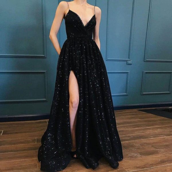 Black V-neck Prom party evening dresses vestido de noiva sereia robe de soiree vestido novia playa formal pockets sexy side slit - Takalr