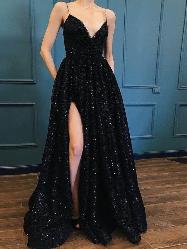 Black V-neck Prom party evening dresses vestido de noiva sereia robe de soiree vestido novia playa formal pockets sexy side slit - Takalr