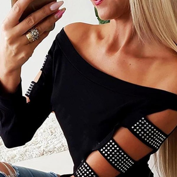 Black diamonds cutout sleeve blouse shirt women Long sleeve off shoulder top Summer slim fit blouses woman  blusas mujer - Takalr