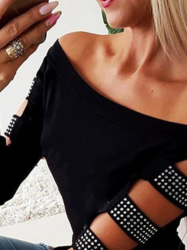 Black diamonds cutout sleeve blouse shirt women Long sleeve off shoulder top Summer slim fit blouses woman  blusas mujer - Takalr