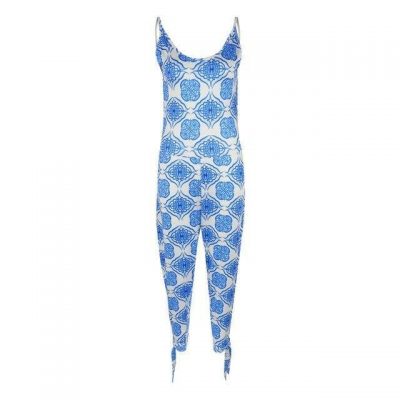 Blue Gradient Floral Print Bandage Rompers Womens One Piece Jumpsuit Sexy Sleeveless Backless Playsuit Summer Clothes Overalls - Takalr