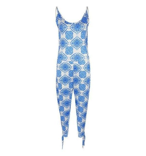 Blue Gradient Floral Print Bandage Rompers Womens One Piece Jumpsuit Sexy Sleeveless Backless Playsuit Summer Clothes Overalls - Takalr