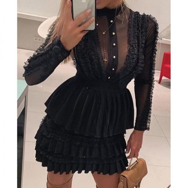 Bodycon Dress Women Long Sleeve Turtleneck-neck Black Lace Party Dress Elegant Layerd Design A-line Pleated Vestido Summer - Takalr