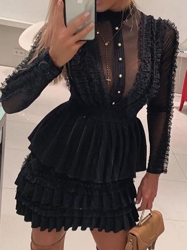 Bodycon Dress Women Long Sleeve Turtleneck-neck Black Lace Party Dress Elegant Layerd Design A-line Pleated Vestido Summer - Takalr